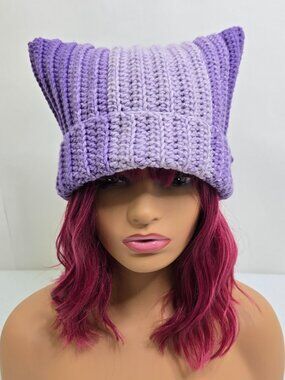 Purple Ombre Crochet Cat Ear Beanie: Funky Acrylic Winter Hat